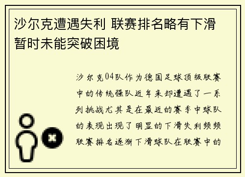 沙尔克遭遇失利 联赛排名略有下滑 暂时未能突破困境