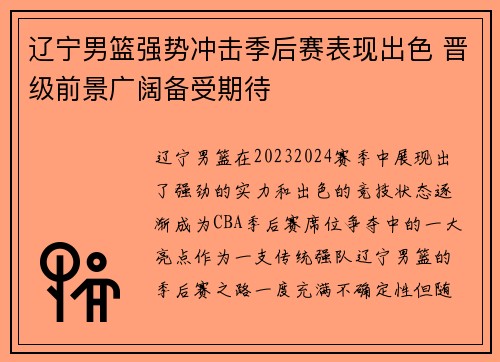 辽宁男篮强势冲击季后赛表现出色 晋级前景广阔备受期待