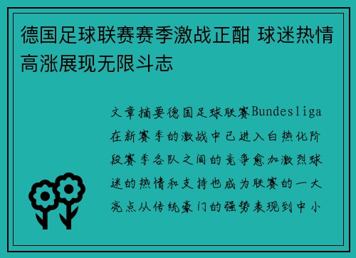 德国足球联赛赛季激战正酣 球迷热情高涨展现无限斗志