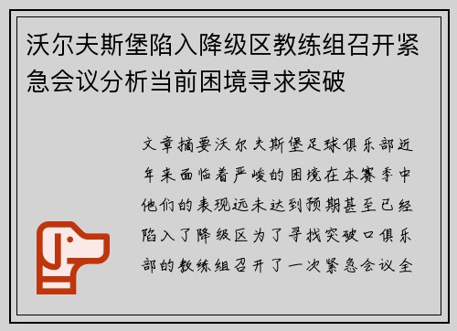 沃尔夫斯堡陷入降级区教练组召开紧急会议分析当前困境寻求突破