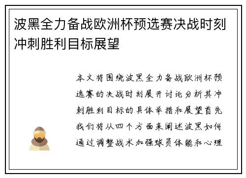 波黑全力备战欧洲杯预选赛决战时刻冲刺胜利目标展望